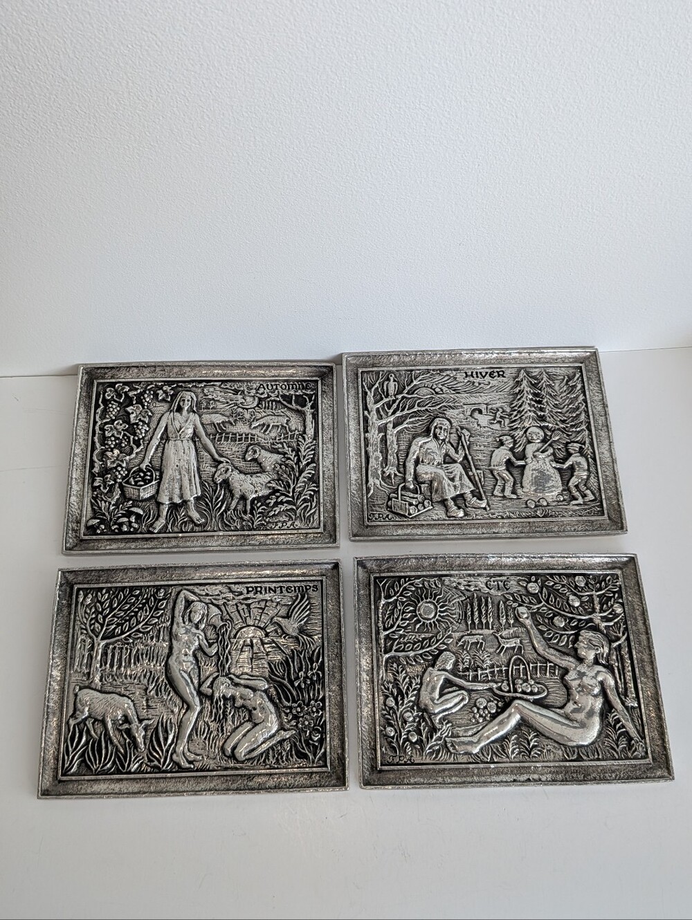 Vintage French Four Seasons Pewter Wall Plaques Set of 4 Metal Bas Relief Art